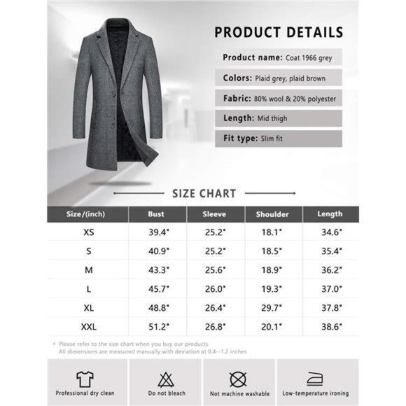 Men's Wool Peacoat Winter Buttons Jacket Windproof Classic Pea Coat - Picture 7 of 7